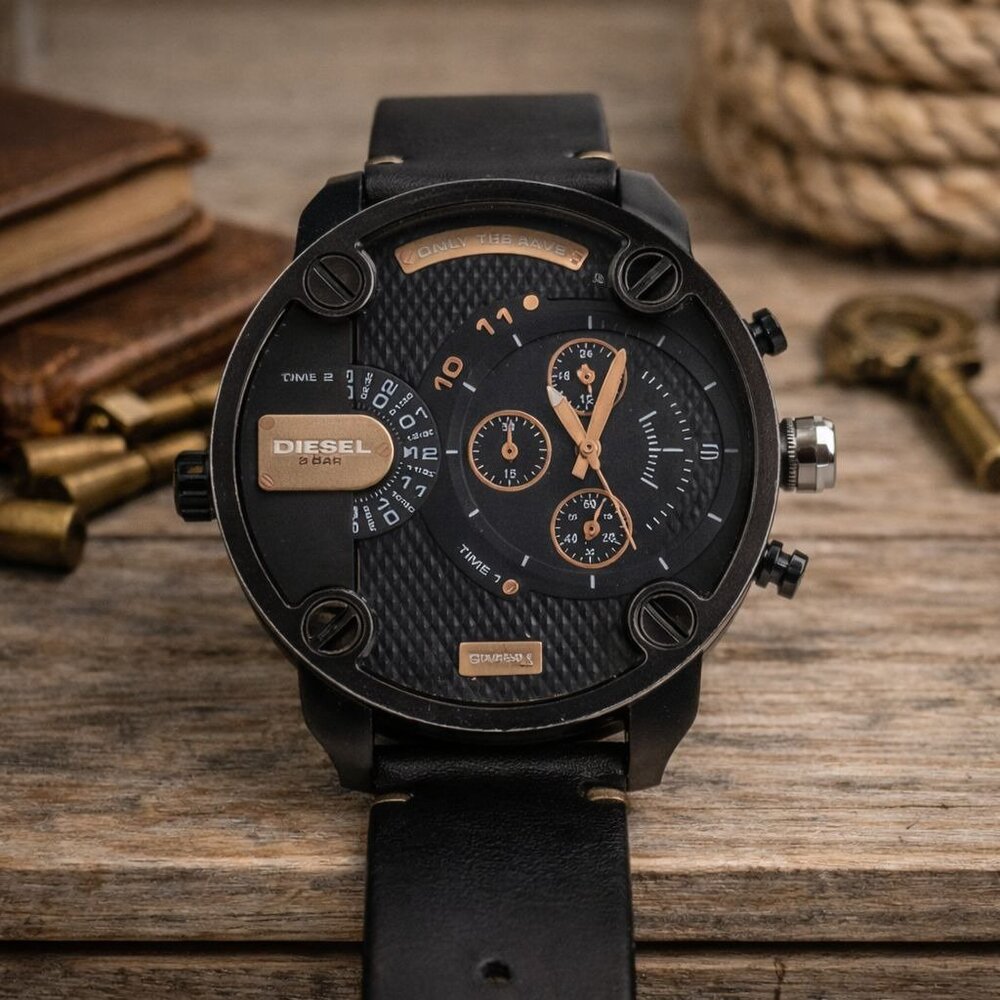 Diesel Mens 3-Bar DZ 7291 Water Resistant Watch‎ Black Leather Band Oversized